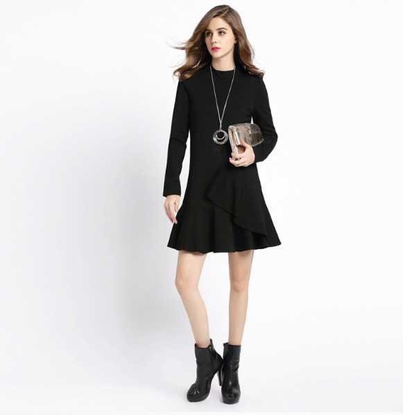 F2486-2 Black High Neck Ruffle Long Sleeve Flounce Hem Dress